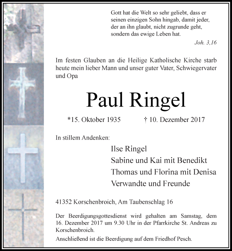  Traueranzeige für Paul Ringel vom 13.12.2017 aus Rheinische Post