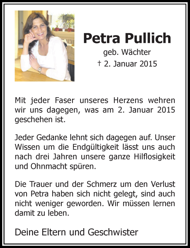  Traueranzeige für Petra Pullich vom 30.12.2017 aus Rheinische Post