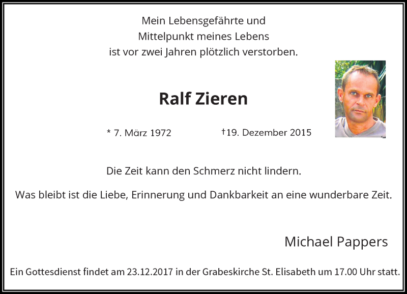  Traueranzeige für Ralf Zieren vom 16.12.2017 aus Rheinische Post