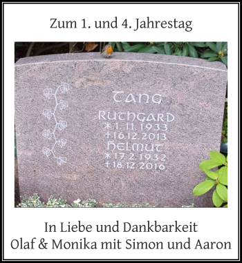 Traueranzeige von Ruthgard und Helmut Tang von Rheinische Post