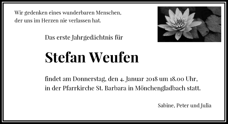  Traueranzeige für Stefan Weufen vom 20.12.2017 aus Rheinische Post