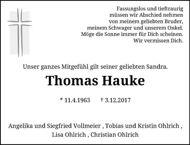  Traueranzeige für Thomas Hauke vom 09.12.2017 aus Rheinische Post