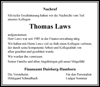 Traueranzeige von Thomas Laws von Rheinische Post