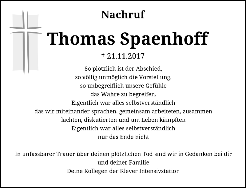  Traueranzeige für Thomas Spaenhoff vom 02.12.2017 aus Rheinische Post