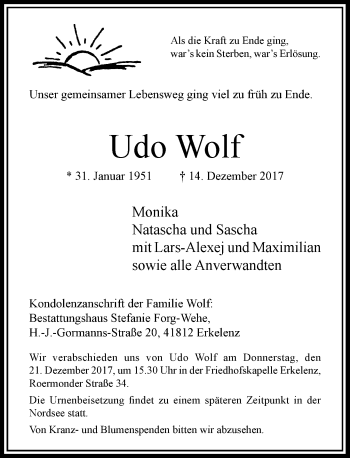 Traueranzeige von Udo Wolf von Rheinische Post