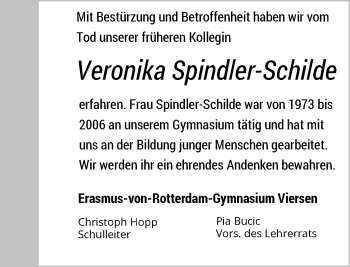 Traueranzeige von Veronika Spindler-Schilde von Rheinische Post