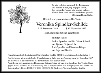 Traueranzeige von Veronika Spindler-Schilde von Rheinische Post