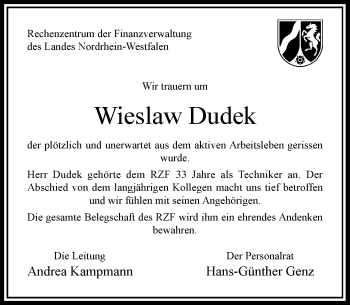 Traueranzeige von Wieslaw Dudek von Rheinische Post