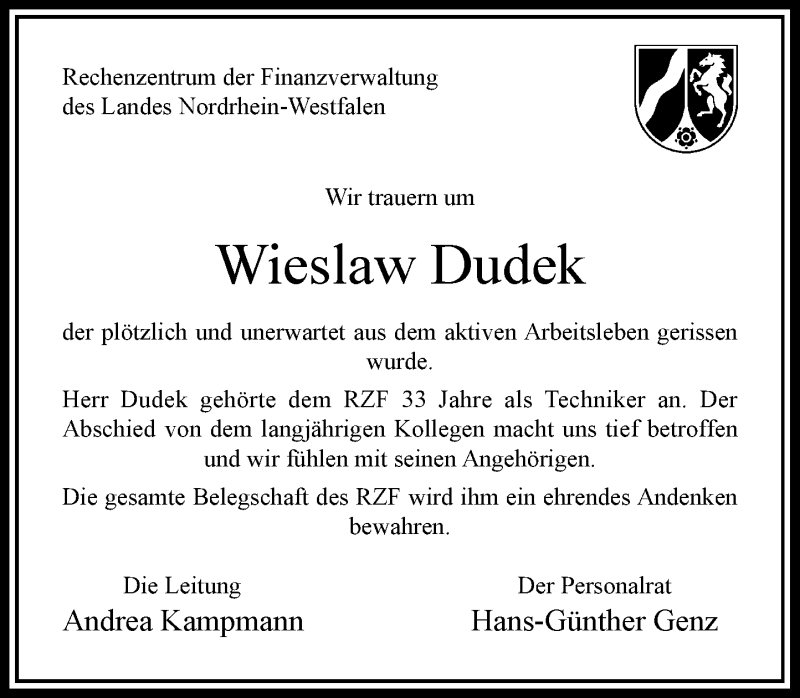  Traueranzeige für Wieslaw Dudek vom 23.12.2017 aus Rheinische Post