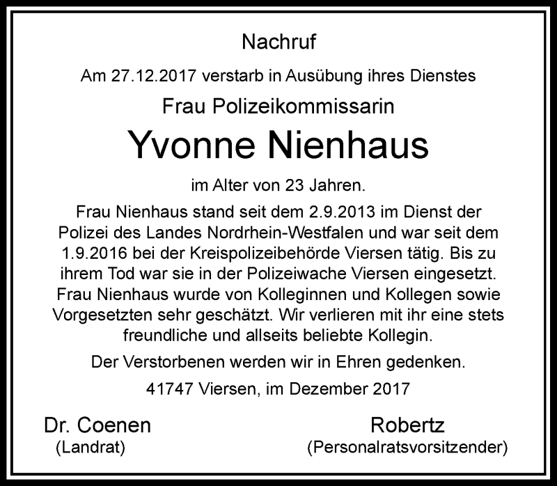  Traueranzeige für Yvonne Nienhaus vom 30.12.2017 aus Rheinische Post