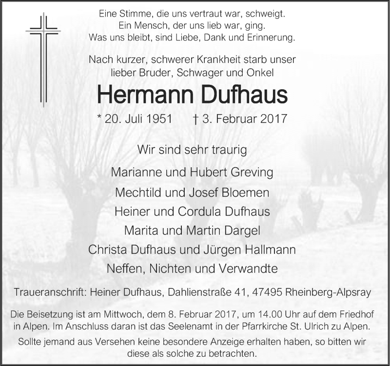  Traueranzeige für Hermann Dufhaus vom 06.02.2017 aus Rheinische Post