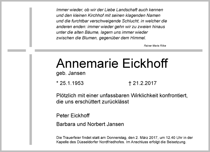  Traueranzeige für Annemarie Eickhoff vom 01.03.2017 aus Rheinische Post