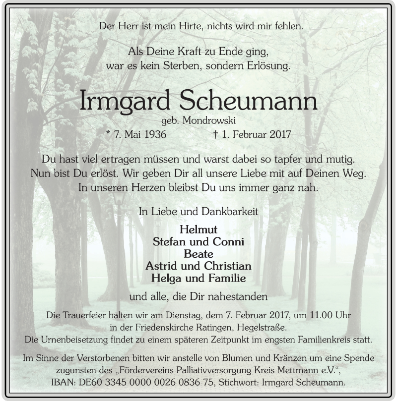  Traueranzeige für Irmgard Scheumann vom 04.02.2017 aus Rheinische Post