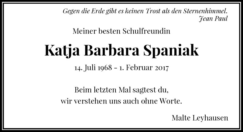  Traueranzeige für Katja Barbara Spaniak vom 10.02.2017 aus Rheinische Post