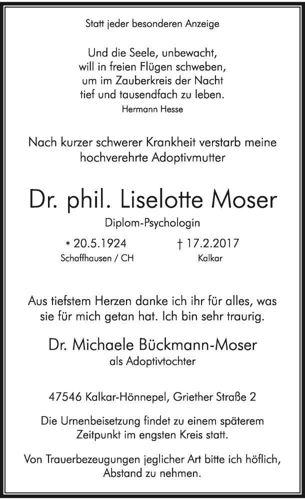  Traueranzeige für Liselotte Moser vom 18.02.2017 aus Rheinische Post