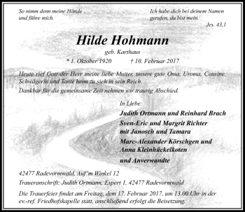 Traueranzeige von Hilde Hohmann von Rheinische Post
