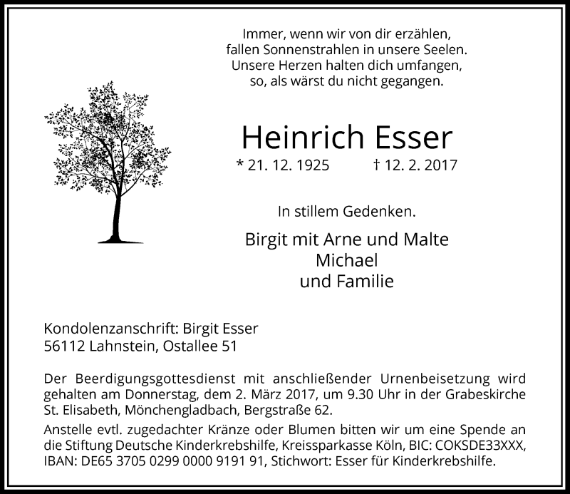  Traueranzeige für Heinrich Esser vom 25.02.2017 aus Rheinische Post