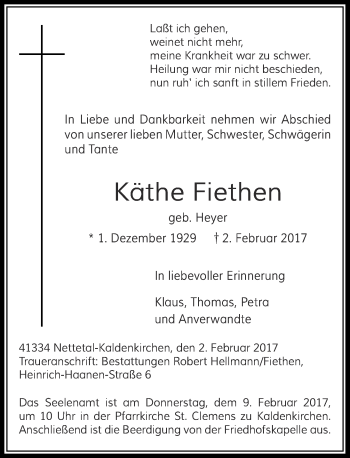 Traueranzeige von Käthe Fiethen von Rheinische Post