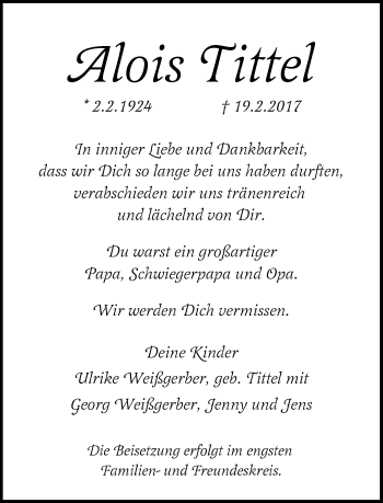 Traueranzeige von Alois Tittel von Rheinische Post