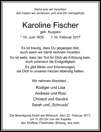 Traueranzeige von Karoline Fischer von Rheinische Post