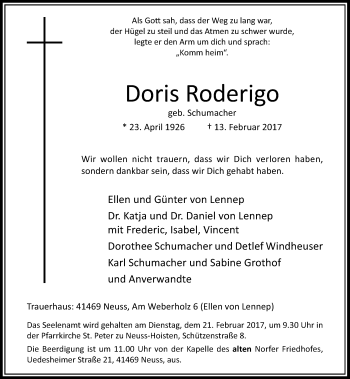 Traueranzeige von Doris Roderigo von Rheinische Post