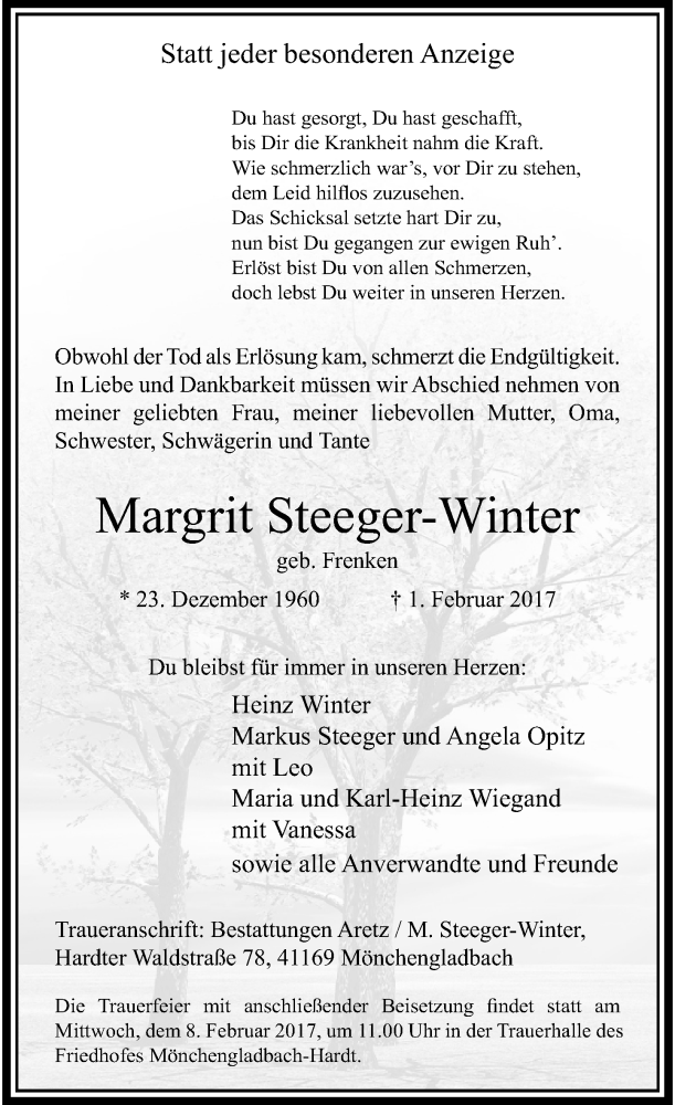  Traueranzeige für Margrit Steeger-Winter vom 04.02.2017 aus Rheinische Post