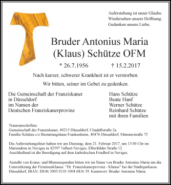 Traueranzeige von Antonius Maria Schütze von Rheinische Post