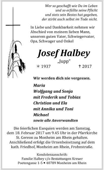 Traueranzeige von Josef Halbey von Rheinische Post