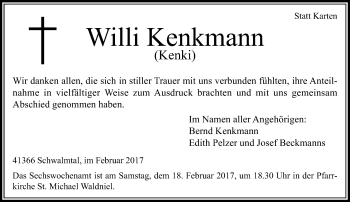 Traueranzeige von Willi Kenkmann von Rheinische Post