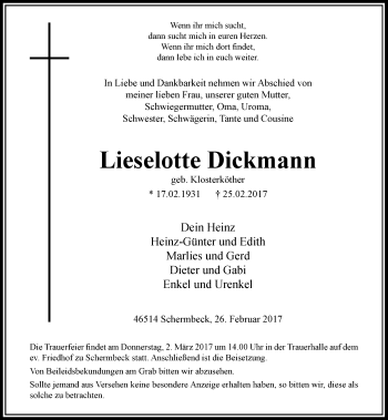 Traueranzeige von Lieselotte Dickmann von Rheinische Post
