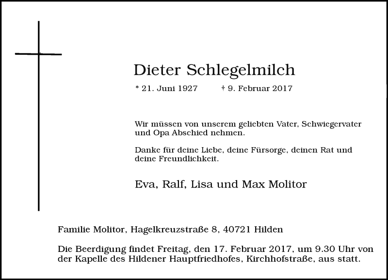  Traueranzeige für Dieter Schlegelmilch vom 15.02.2017 aus Rheinische Post