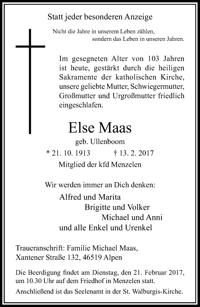  Traueranzeige für Else Maas vom 16.02.2017 aus Rheinische Post