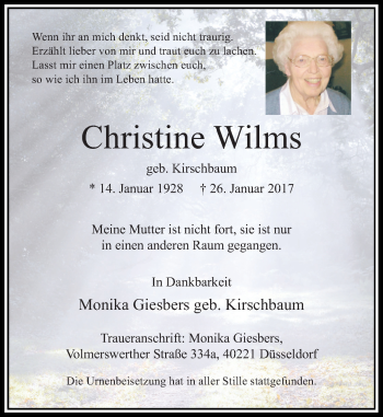 Traueranzeige von Christine Wilms von Rheinische Post