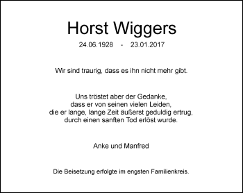 Traueranzeige von Horst Wiggers von Rheinische Post