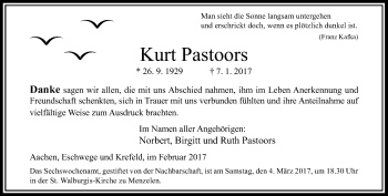 Traueranzeige von Kurt Pastoors von Rheinische Post
