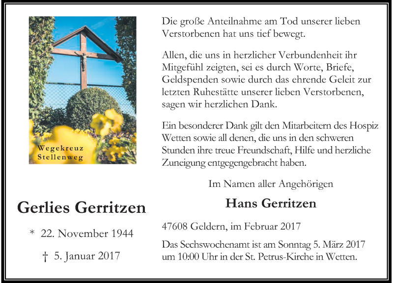  Traueranzeige für Gerlies Gerritzen vom 25.02.2017 aus Rheinische Post