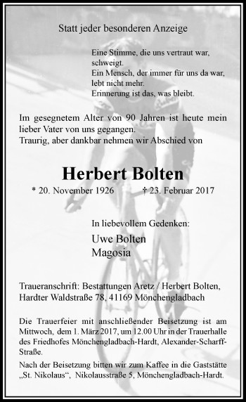 Traueranzeige von Herbert Bolten von Rheinische Post