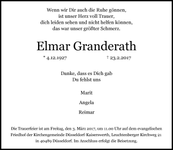 Traueranzeige von Elmar Granderath von Rheinische Post