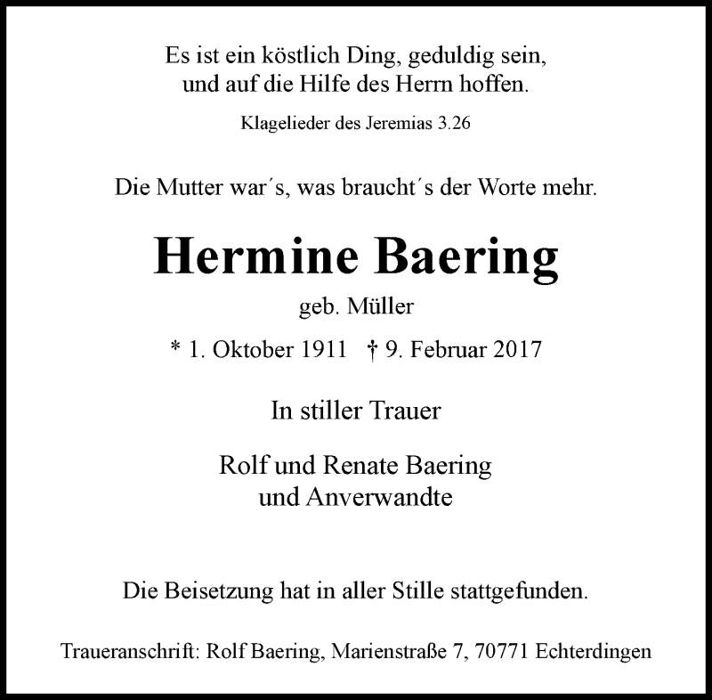  Traueranzeige für Hermine Baering vom 25.02.2017 aus Rheinische Post