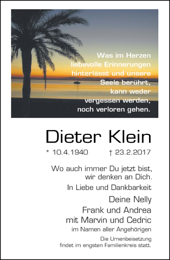 Traueranzeige von Dieter Klein von Rheinische Post