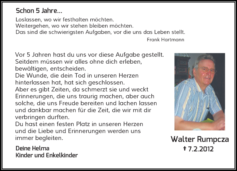  Traueranzeige für Walter Rumpcza vom 07.02.2017 aus Rheinische Post