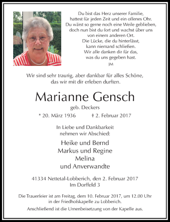 Traueranzeige von Marianne Gensch von Rheinische Post