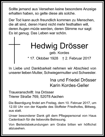 Traueranzeige von Hedwig Drösser von Rheinische Post