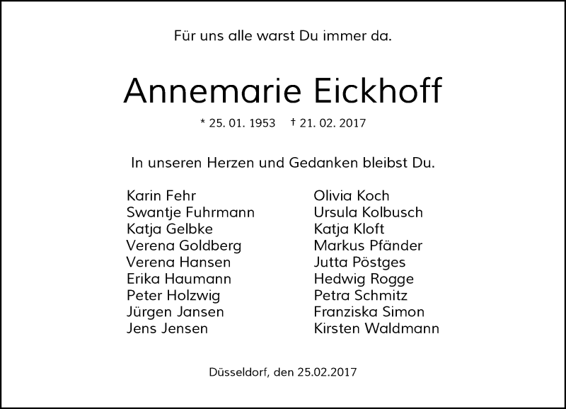  Traueranzeige für Annemarie Eickhoff vom 25.02.2017 aus Rheinische Post