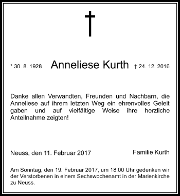 Traueranzeige von Anneliese Kurth von Rheinische Post
