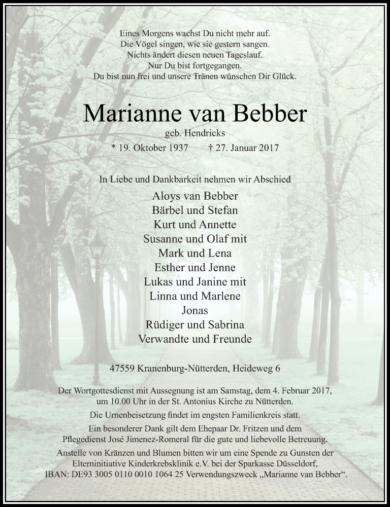 Traueranzeige für Marianne van Bebber vom 01.02.2017 aus Rheinische Post