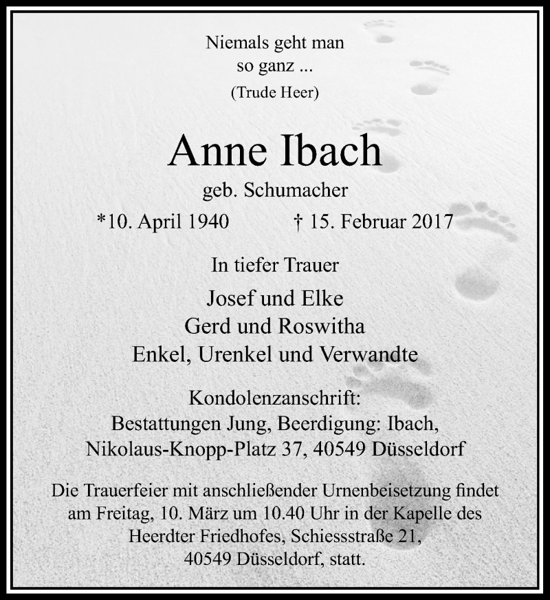  Traueranzeige für Anne Ibach vom 18.02.2017 aus Rheinische Post
