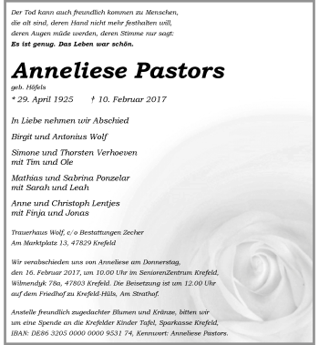 Traueranzeige von Anneliese Pastors von Rheinische Post