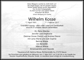 Traueranzeige von Wilhelm Kosse von Rheinische Post