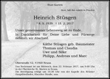 Traueranzeige von Heinrich Stüsgen von Rheinische Post